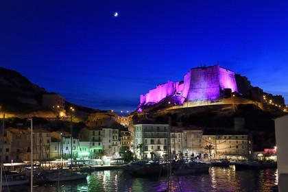 France, Corse-du-Sud (2A), Bonifacio, le port dominé par la citadelle dans la ville haute