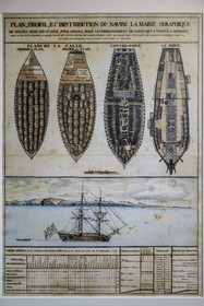 France, Loire-Atlantique (44), Nantes, quartier du Bouffay, le chateau des Ducs de Bretagne, Musée d'histoire de Nantes, salles consacrées à la traite négrière, plan (1770) du navire négrier faisant le commmerce triangulaire La Marie Séraphique de Nantes