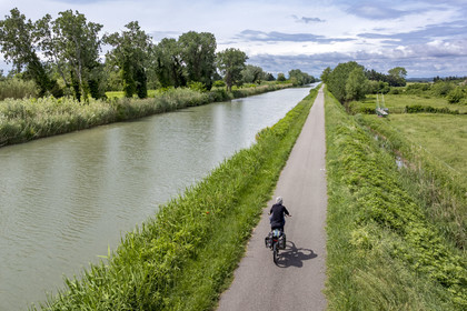 France (30), Gard, Beaucaire, cycliste sur la véloroute ViaRhona, voie Verte longeant ici le Canal du Rhone à Sète (vue aérienne)