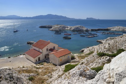 France, Bouches-du-Rhône (13), Marseille, Parc National des Calanques, Archipel des Iles du Frioul, port naturel de l'Ile de Pomègues longtemps affecté à la mise en quarantaine des navires et aujourd'hui ferme aquacole