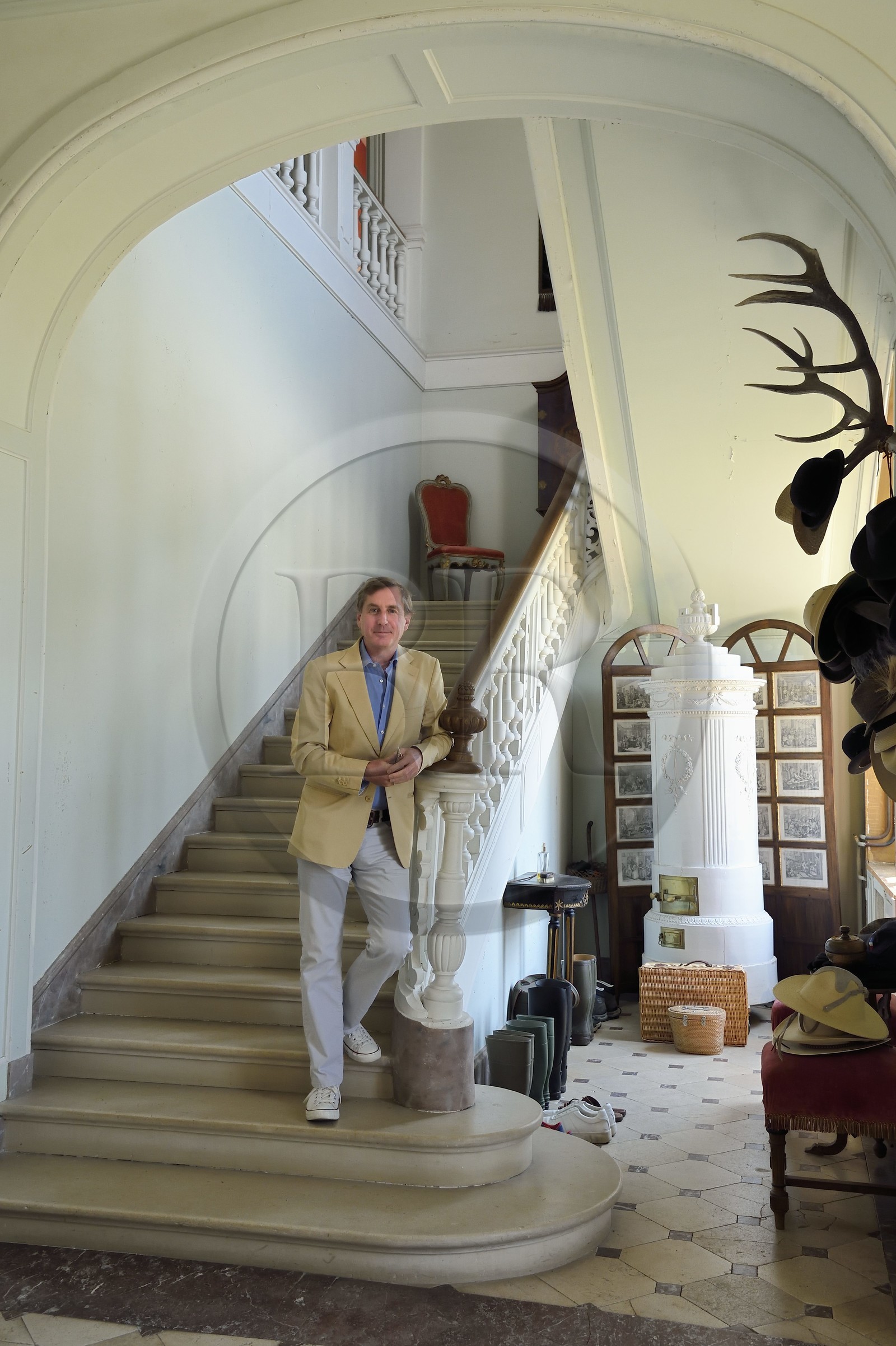 France, Allier (03), ancienne province du Bourbonnais, Besson, chateau du Nouveau- Bostz appartenant au Prince Charles Henri de Lobkowicz descendant des Bourbon-Parme, ici dans le grand-escalier