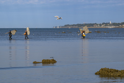 France, Loire-Atlantique (44), Baie de Bourgneuf, Pornic, cabanes de pêche traditionnelle au carrelet en bordure de la plage de Crêve-coeur à La Bernerie-en-Retz, pecheurs à pied de crevettes à l'épuisette