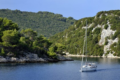 Croatie, Dalmatie, cote dalmate, Ile de Mljet, voilier dans le Parc national de Mljet vers Polace