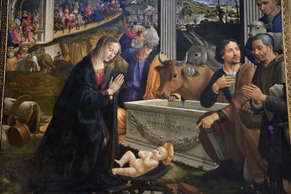 Italie, Toscane, Florence, centre historique classé Patrimoine Mondial de l'UNESCO, basilique Santa Trinita (Basilica di Santa Trinita), chapelle Sassetti, fresques de Domenico Ghirlandaio, Adoration des Bergers de 1495