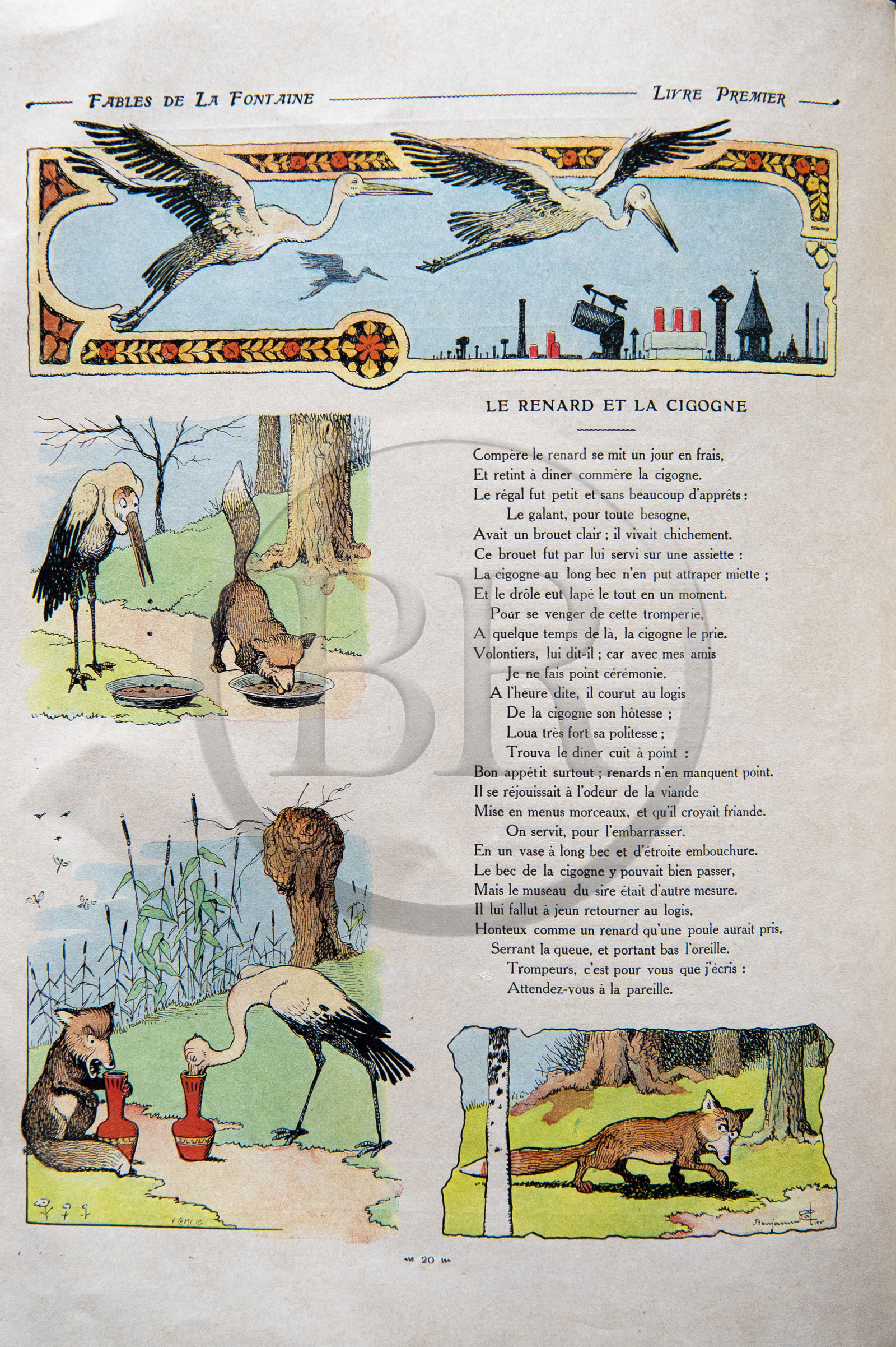 France, Aisne (02), Château-Thierry, Musée Jean de La Fontaine - Ville de Chateau-Thierry, livre des Fables de La Fontaine illustrées par Benjamin Rabier, Edition Jules Tallandier, 1906, in-folio, le Renard et la Cigogne fable XVIII du livre I