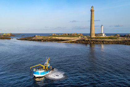 France, Finistère (29), Pays des Abers, Ile Vierge dans l'archipel de Lilia, bateau goémonier utilisant un de ses deux bras mécaniques articulés se terminant par un scoubidou pour récolter des algues marines le goémon, le phare de l'Ile Vierge en arrière plan (vue aérienne)