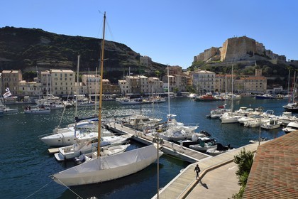 France, Corse-du-Sud (2A), Bonifacio, le port dominé par la citadelle dans la ville haute