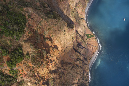 Portugal, Ile de Madère, Camara de Lobos, falaise du Cap Girao, la deuxième la plus haute du monde à 589 mètres, champs cultivés au pied de la falaise (vue aérienne)