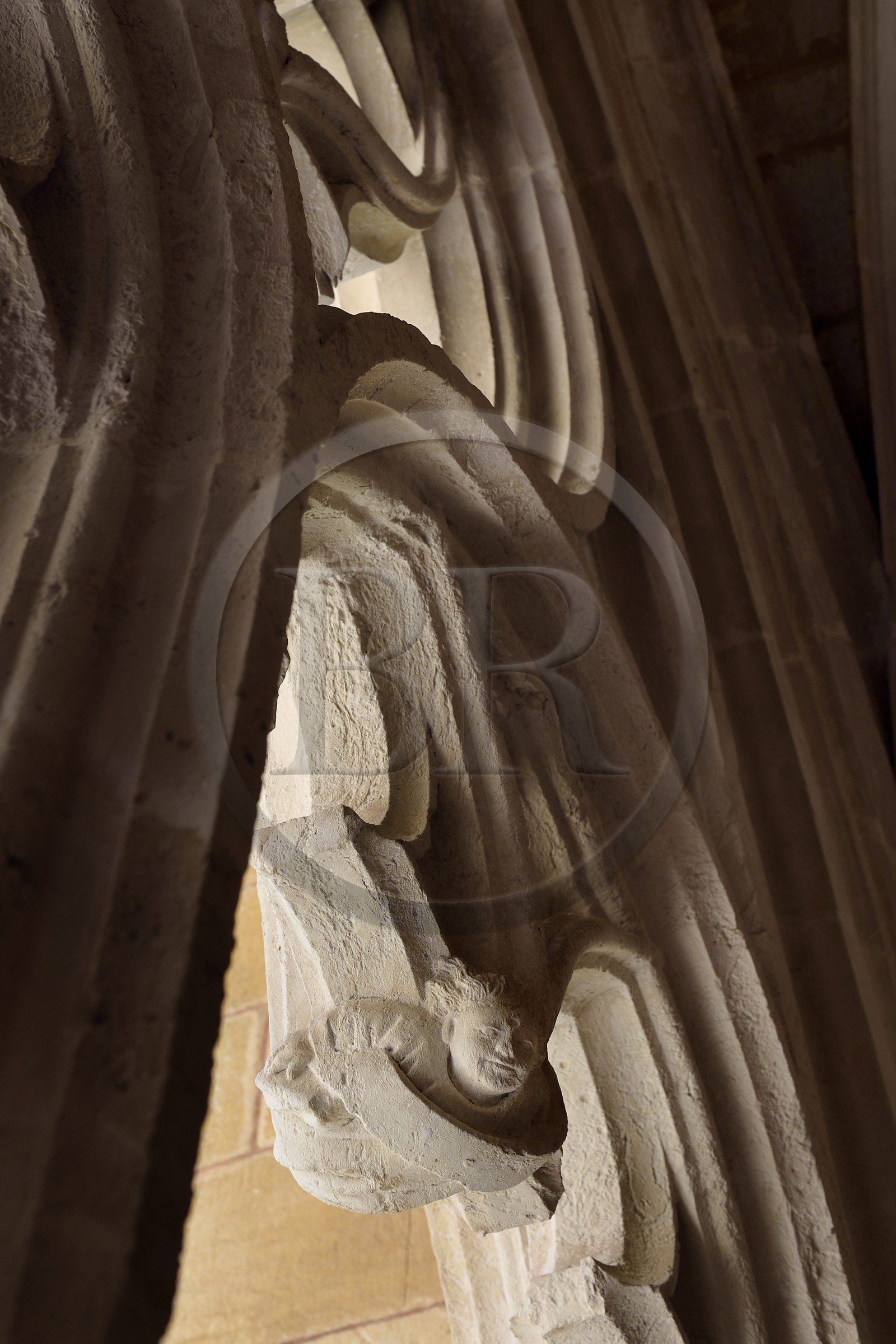 France, Dordogne (24), Périgord Noir, Le Buisson-de-Cadouin, abbaye de Cadouin, étape sur le chemin de Compostelle, site classé Patrimoine Mondial de l'UNESCO, le cloitre du XVe siècle, marmouset