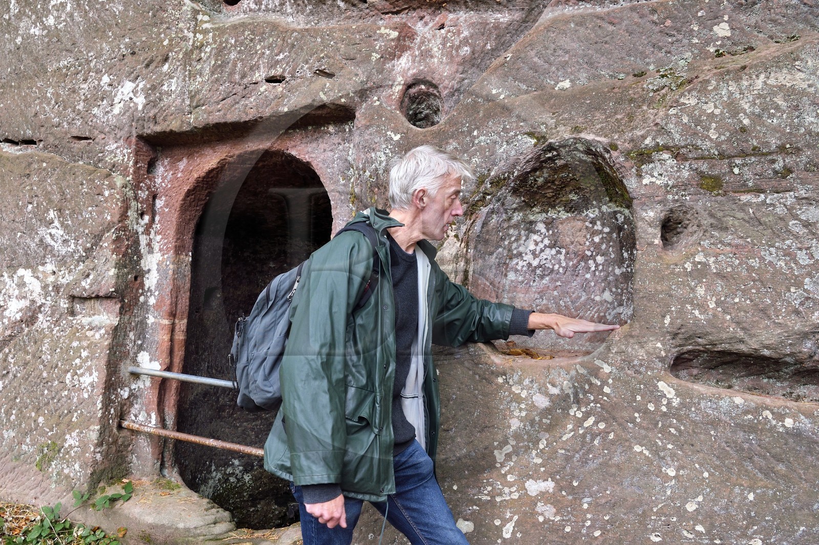 France, Bas-Rhin (67), Parc naturel régional des Vosges du Nord, Niedersteinbach, foret domaniale de Steinbach, ruines du chateau de Wasigenstein, Mathias Heissler, architecte du patrimoine au conseil départemental du Bas-Rhin, montre sur la paroi des canalisations qui sont taillées pour recueillir l’eau et l’amener vers une citerne