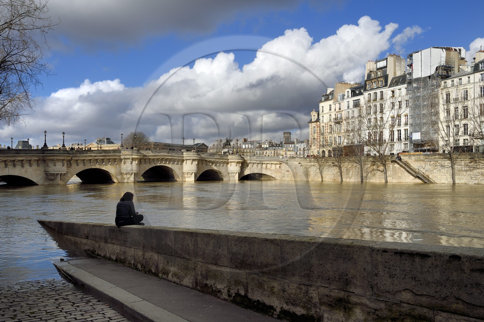 France, Paris (75), les rives de la Seine, classées Patrimoine Mondial de l'UNESCO, la crue de la Seine de janvier 2018, le Pont Neuf et le quai des Orfèvres