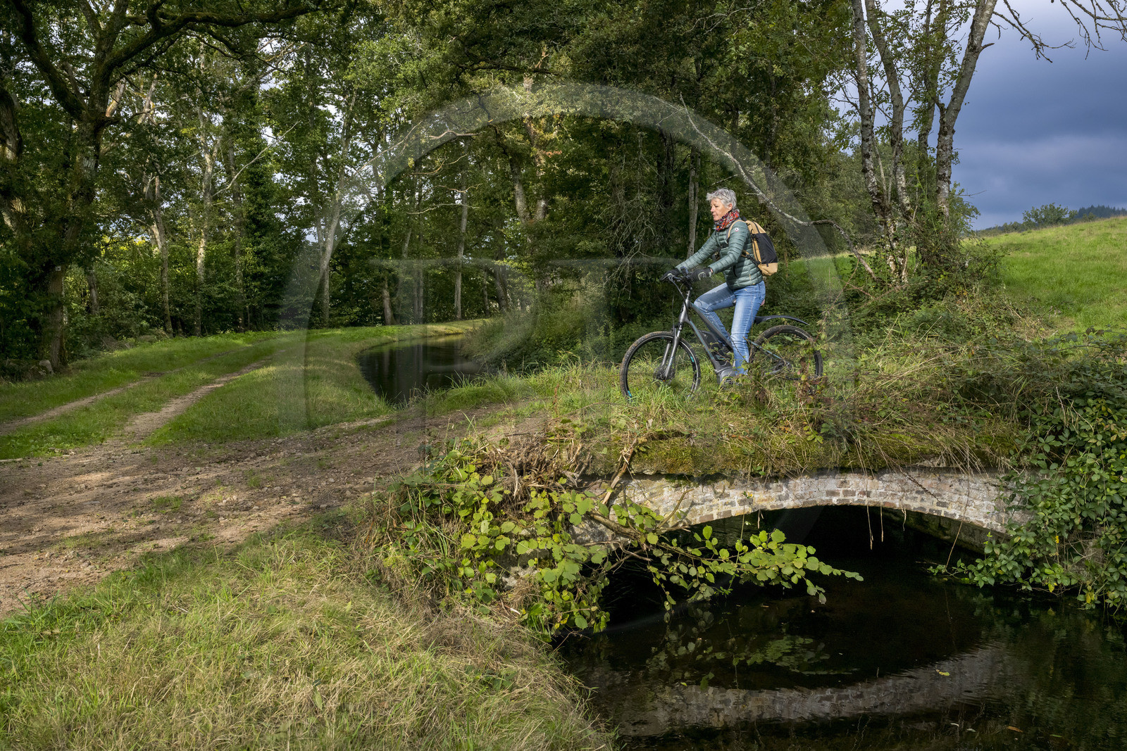 France, Nièvre (58), Parc naturel régional du Morvan, Montreuillon, cycliste sur le chemin bordant la Rigole d'Yonne qui puise les eaux de l'Yonne au lac de Pannecière et alimente le canal du Nivernais
