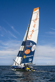 France, Vendée (85), Les-Sables-d'Olonne, le skipper Manuel Cousin en entrainement sur son voilier monocoque de 60 pieds IMOCA Coup de Pouce