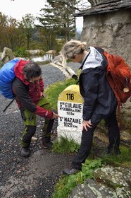 France, Ardèche (07), parc naturel régional des Monts d'Ardèche, Massif du Mézenc, au pied du Mont Gerbier-de-Jonc (1551 m), parmis les trois sources de la Loire, borne de la source géographique devant la Ferme de la Loire de M. Eric Maréchal à Sainte-Eulalie