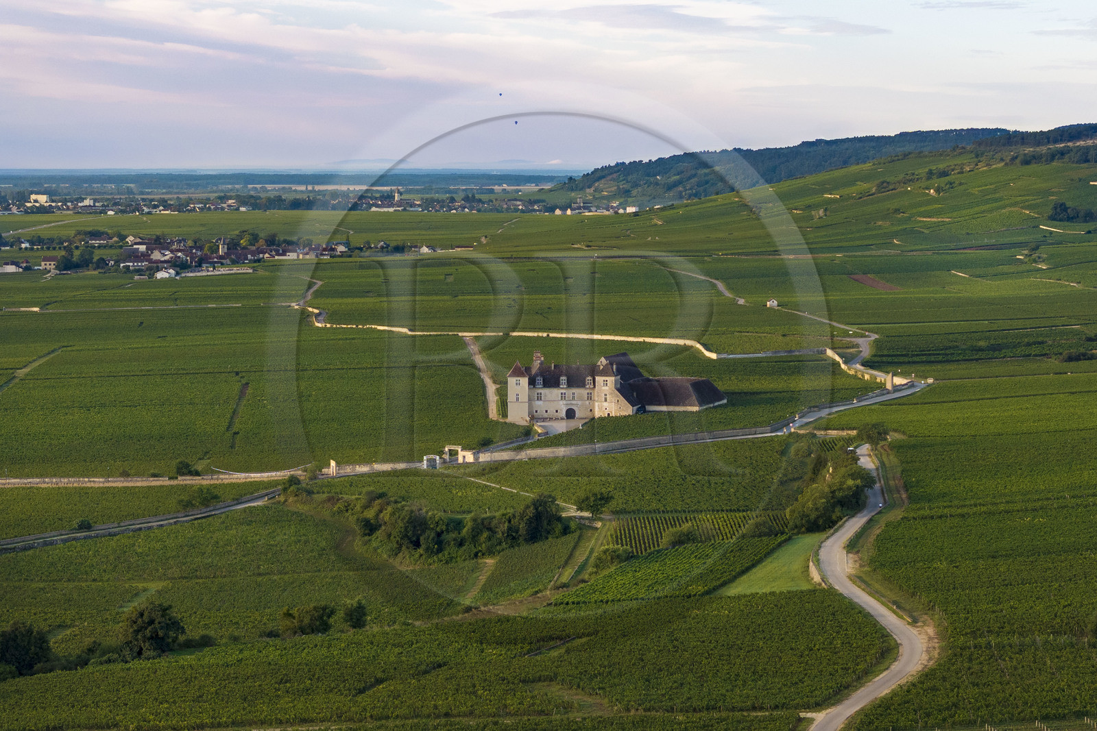 France, Côte-d'Or (21), Paysage culturel des climats de Bourgogne classés Patrimoine Mondial de l'UNESCO, Route des Grands Crus, vignoble de la Côte de Nuits, Vougeot, le Chateau du Clos de Vougeot entouré par le vignoble (vue aérienne)
