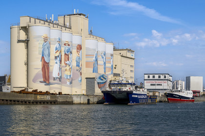 France, Vendée (85), Les-Sables-d'Olonne, le port, fresque retracant l'histoire de la ville peinte sur les silos de la coopérative Cavac par l'artiste basque Taroe