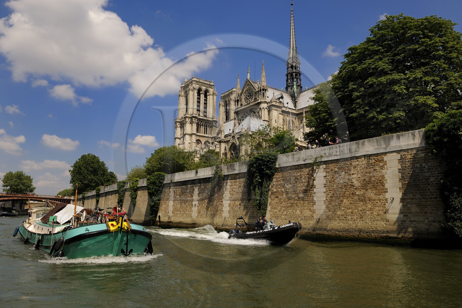 France, Paris (75), Ile de la Cité, la brigade fluviale de la préfecture de Police en patrouille sur la Seine sous Notre-Dame