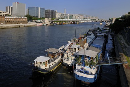 France, Paris (75), les rives de la Seine, classées Patrimoine Mondial de l'UNESCO, péniches amarées au port d'Austerlitz et metro aérien