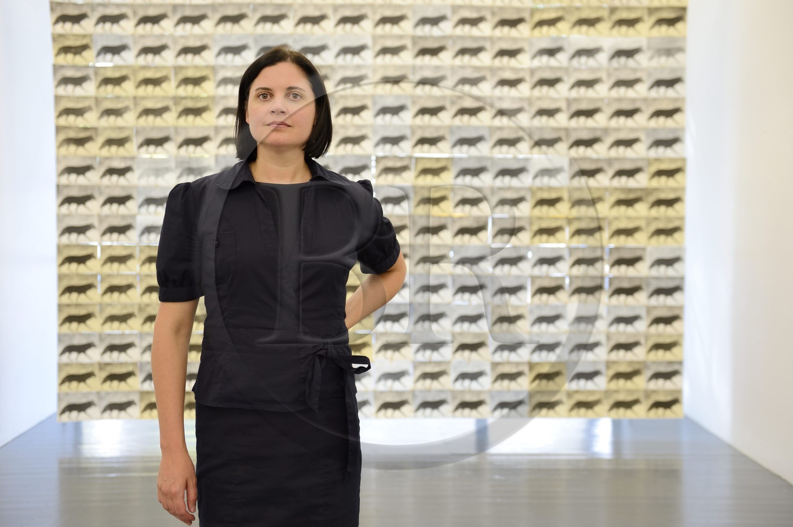 Afrique du Sud, province de Gauteng, Johannesburg, le site 44 Stanley était autrefois un site de bâtiments industriels des années 1930 et a été transformé pour héberger des boutiques spécialisées, restos gourmands et studios de design, la Galerie d'art AOP, l'artiste Fiona Pole devant son oeuvre Wolf at the Door (2014)