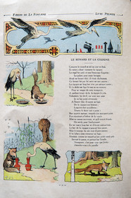 France, Aisne (02), Château-Thierry, Musée Jean de La Fontaine - Ville de Chateau-Thierry, livre des Fables de La Fontaine illustrées par Benjamin Rabier, Edition Jules Tallandier, 1906, in-folio, le Renard et la Cigogne fable XVIII du livre I
