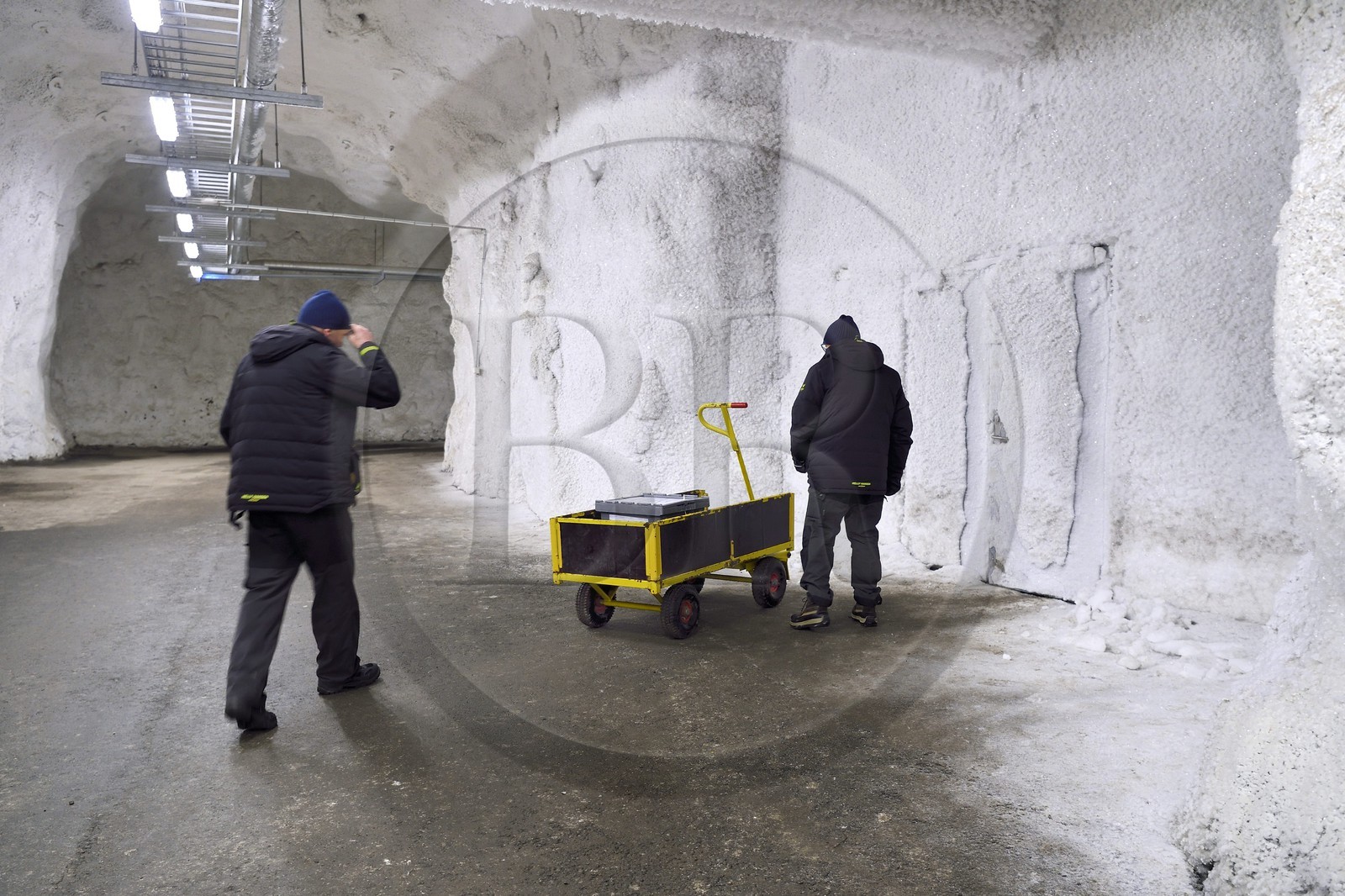Norvège, Svalbard, Spitzberg, Longyearbyen, la Réserve mondiale de semences du Svalbard (banque de graines du Global Seed Vault), antichambre des 3 zones de stockage creusée dans la roche et à une température constante de -4°C fournie par le permafrost, porte d'accès à la salle de stockage maintenue artificiellement à -18°C