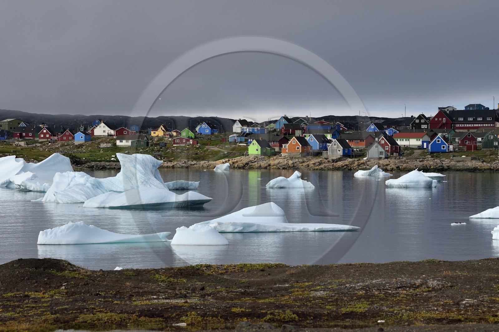 Groenland, cote ouest, Ile de Disko, baie du village de Qeqertarsuaq, icebergs devant le village