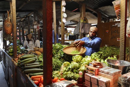Tanzanie, archipel de Zanzibar, île de Unguja (Zanzibar), ville de Zanzibar, quartier Stone Town, classé Patrimoine Mondial de l' UNESCO, le marché de Darajani, étal de légumes