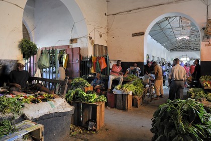 Tanzanie, archipel de Zanzibar, île de Unguja (Zanzibar), ville de Zanzibar, quartier Stone Town, classé Patrimoine Mondial de l' UNESCO, le marché de Darajani, étal de légumes