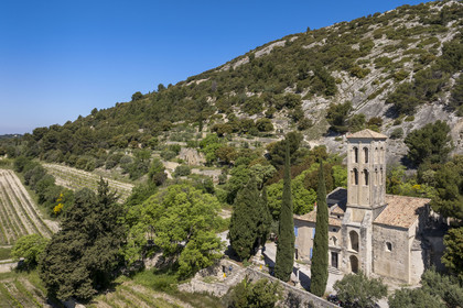 France, Vaucluse (84), Dentelles de Montmirail, Beaumes-de-Venise, la chapelle Notre-Dame d'Aubune des XIe et XIIIe siècles au pied du plateau des Courens est un des plus beaux exemples d'art roman provençal (vue aérienne)