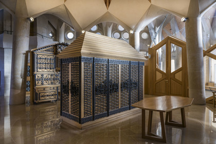 Espagne, Catalogne, Barcelone, quartier de l'Eixample, basilique de la Sagrada Familia de l'architecte du modernisme catalan Antoni Gaudi classée Patrimoine Mondial de l'UNESCO, la sacristie