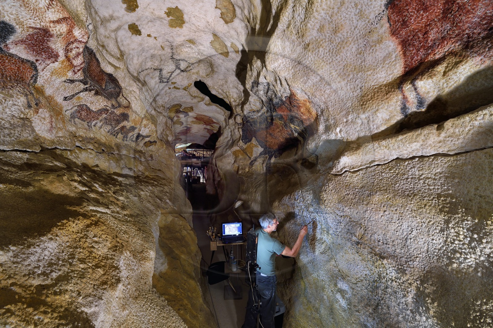 France, Dordogne (24), Montignac, chantier du futur Centre International de l'Art pariétal de Montignac-Lascaux (Lascaux 4), le diverticule axial de la grotte reconstituée par l’Atelier des Fac-Similés du Périgord (AFSP), finitions des peintures murales de la partie inférieure par l'artiste peintre Gilles Lafleur