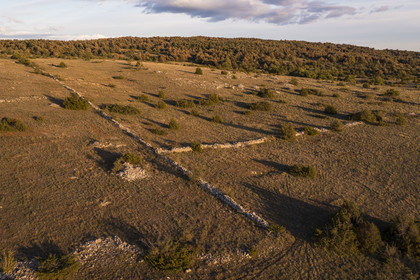 France, Aveyron (12), Causses et les Cévennes, paysage culturel de l'agro-pastoralisme méditerranéen, classés Patrimoine Mondial de l'UNESCO, La Cavalerie, le plateau du Larzac (vue aérienne)