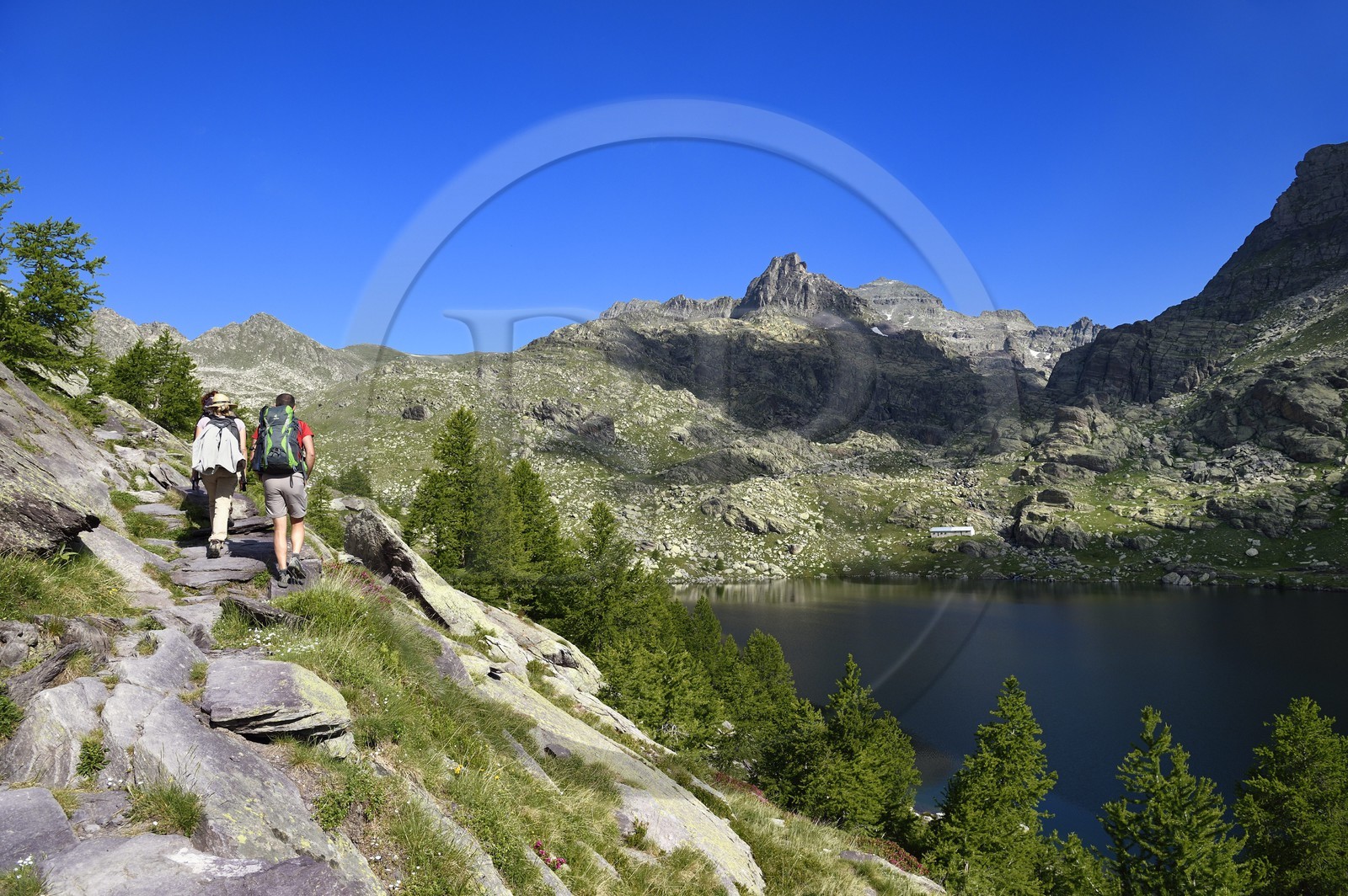 France, Alpes-Maritimes (06), parc national du Mercantour, Vallée des Merveilles parsemée de milliers de gravures rupestres de l'Age de bronze, sentier de randonnée qui longe le lac Long supérieur et le Mont du Grand Capelet (2915m) en arrière plan