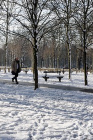 France, Paris (75), quartier Saint-Michel, promeneur dans le jardin du Luxembourg sous la neige