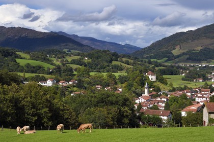 France, Pyrénées-Atlantiques (64), Pays-Basque, le village de Saint-Etienne-de-Baïgorry et le chateau d'Etxauz en arrière plan