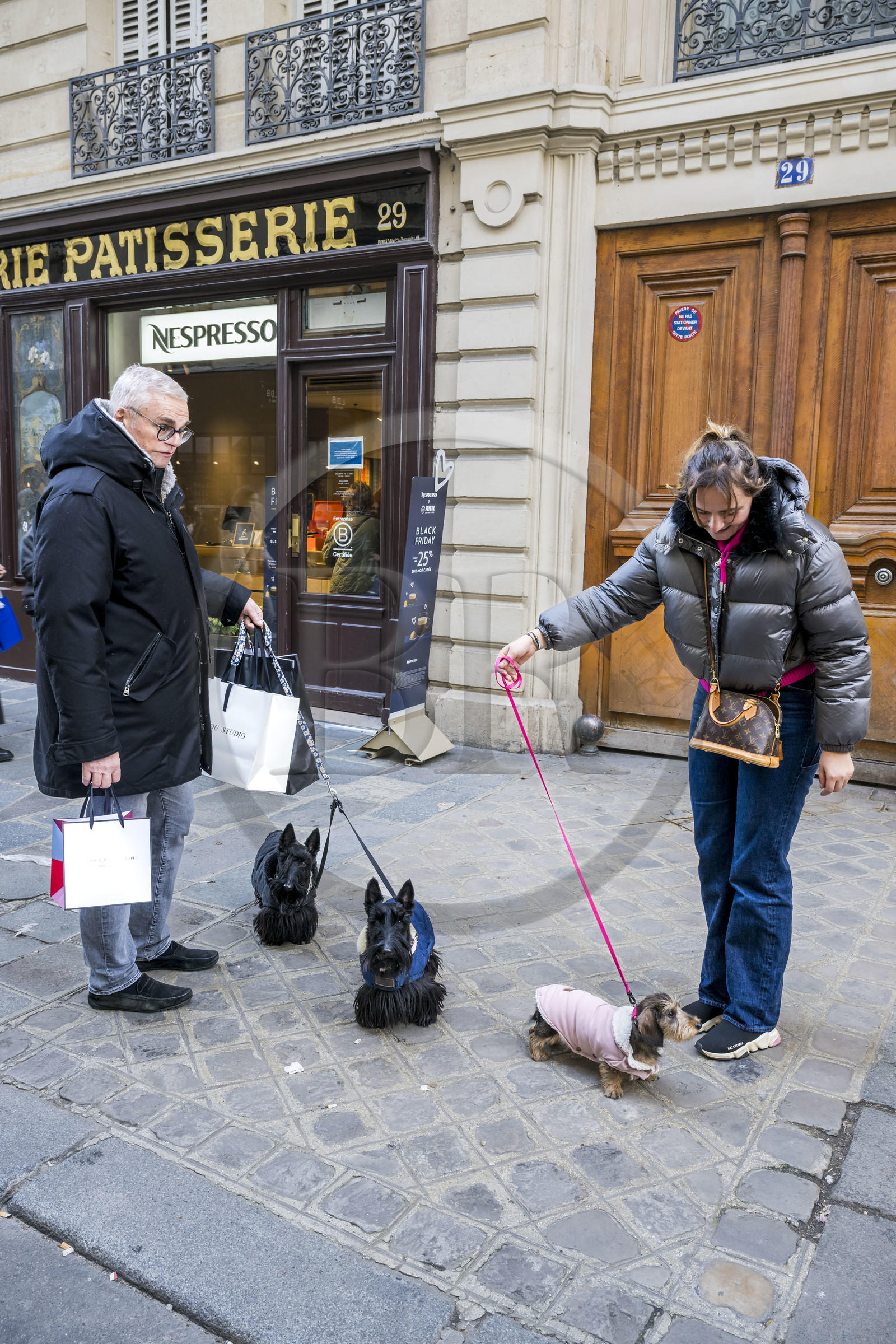 France, Paris (75), quartier du Marais, promenade des chiens rue des Francs Bourgeois