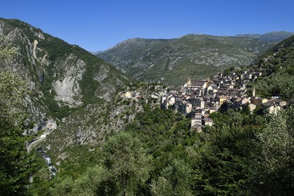 France, Alpes-Maritimes (06), vallée de la Roya (arrière-pays niçois), au pied du parc national du Mercantour, Saorge, le plateau de la Ceva et la rivière de La Roya