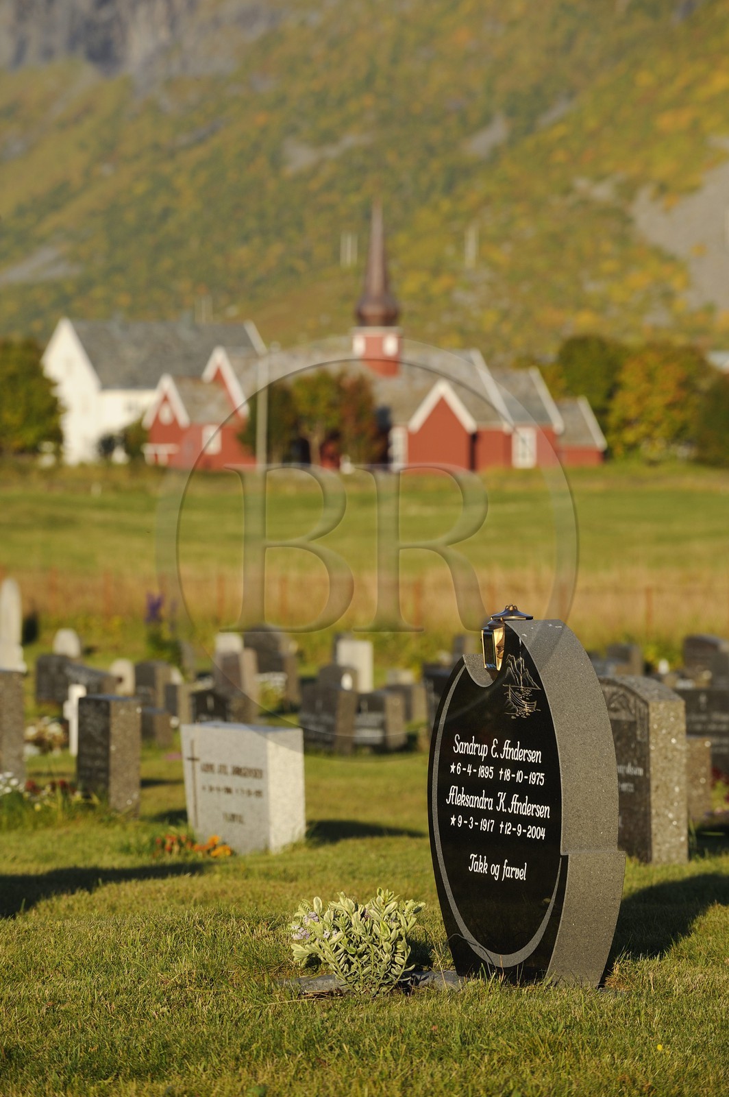 Norvège, Nordland, Iles Lofoten, Ile de Flakstadoy, cimetière de l'église en bois de Flakstad