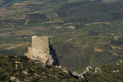 France, Aude (11), Pays Cathare, le château de Quéribus (vue aérienne)