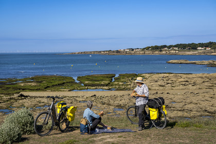 France, Loire-Atlantique (44), Préfailles, pique-nique en bordure de la vélodyssée longeant l'océan et la Pointe Saint Gildas en arrière plan