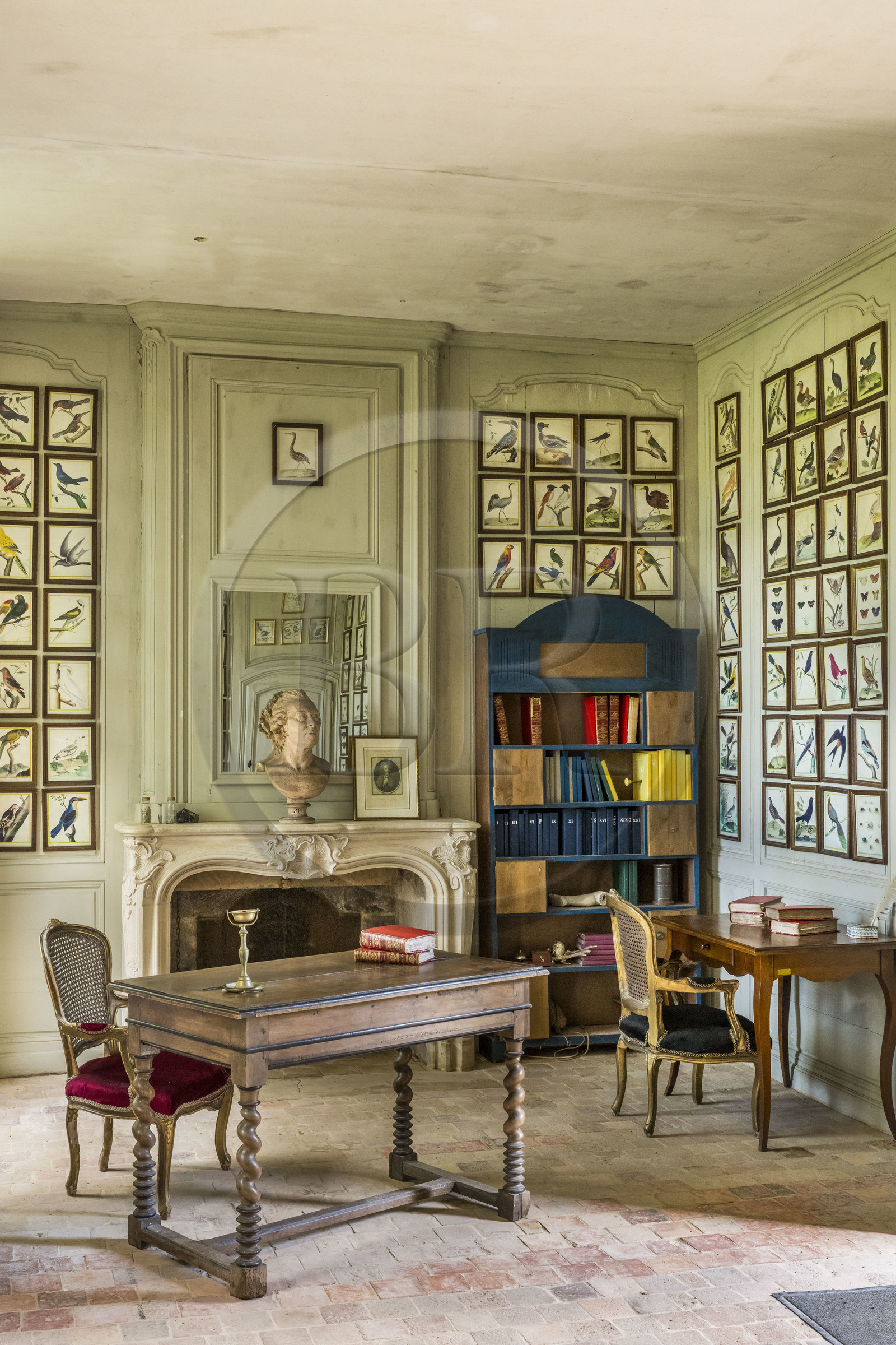 France, Côte-d'Or (21), Montbard, Musée Parc Buffon, cabinet de travail de Georges-Louis Leclerc de Buffon sur le rempart ouest où il rédigea de 1749 à 1788 son Histoire naturelle en collaboration avec Louis Jean-Marie Daubenton notamment, murs couverts des estampes aquarellées de François-Nicolas Martinet qui illustrent l’Histoire Naturelle des Oiseaux