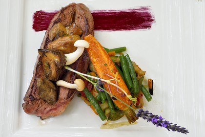 France, Dordogne (24), Périgord Pourpre, Bergerac, restaurant Le Sud rue de l'ancien pont dans la vieille ville, magret de canard périgourdin