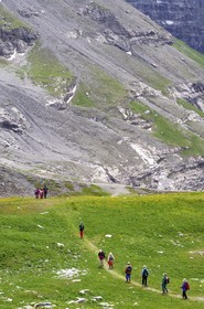 Suisse, Canton de Berne, Oberland bernois, massif de la Jungfrau (3 454 m) dit le toit de l' Europe, classé Patrimoine Mondial de l' UNESCO, randonneurs