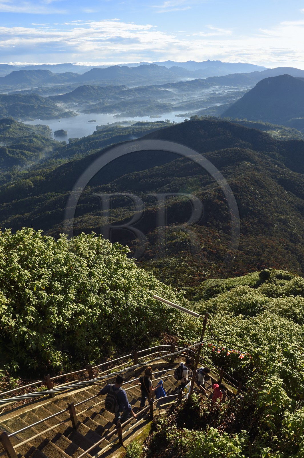 Sri Lanka, province du centre, Dalhousie, paysage sur le réservoir Maussakelle depuis le sommet du Pic d'Adam (Adam's Peak) et les marches