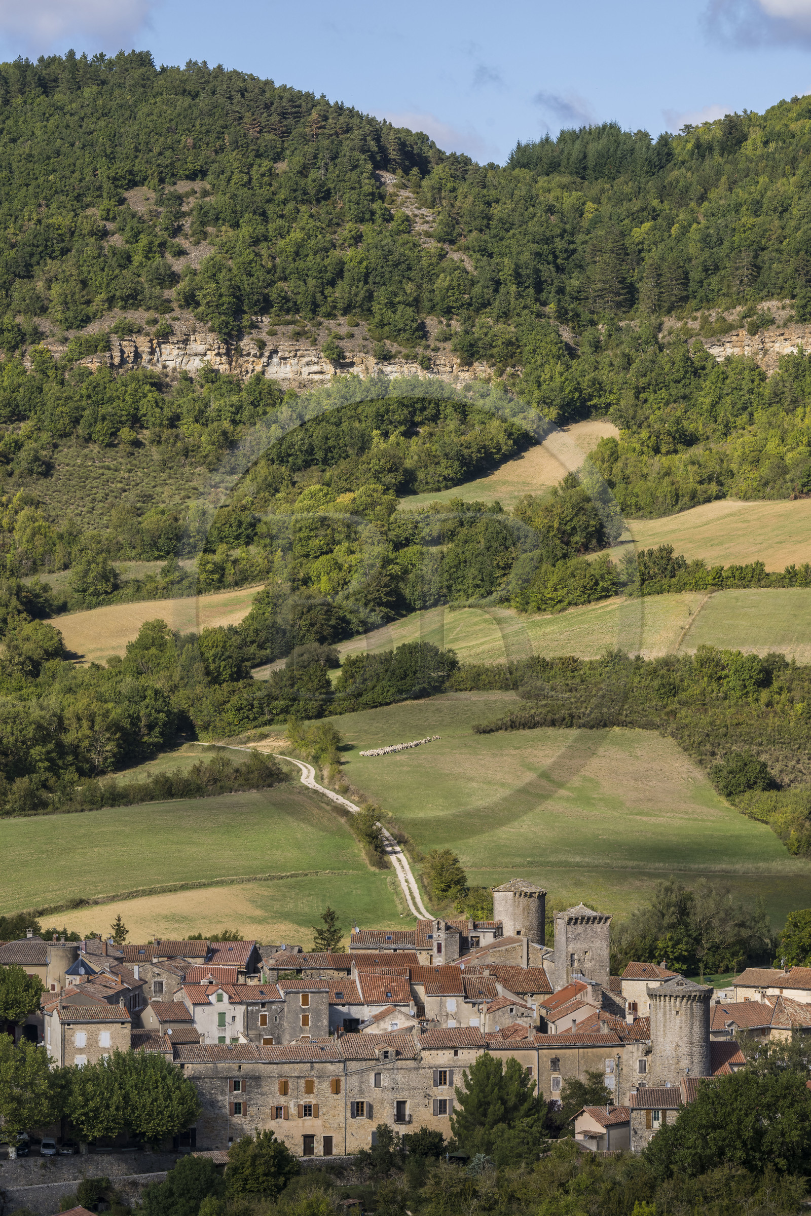 France, Aveyron (12), Causses et les Cévennes, paysage culturel de l'agro-pastoralisme méditerranéen, classés Patrimoine Mondial de l'UNESCO, Sainte-Eulalie-de-Cernon sur la route de Saint-Jacques-de-Compostelle