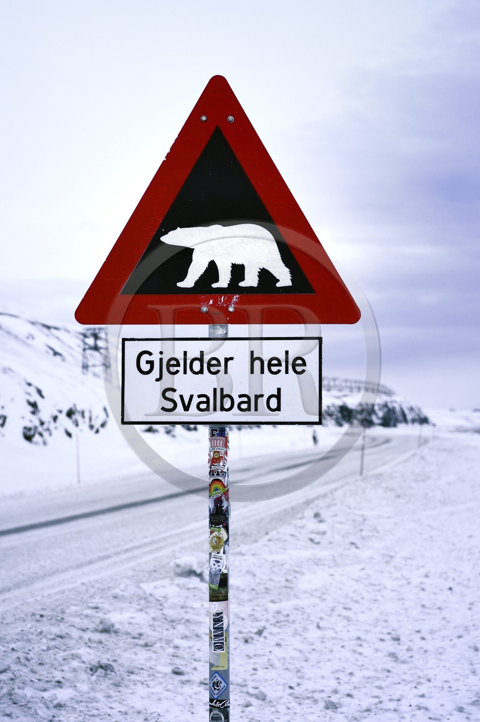Norvège, Svalbard, Spitzberg, Longyearbyen, panneau de signalisation de danger potentiel de présence d'ours blanc, Gjelder hele Svalbard s'applique à tout le Svalbard