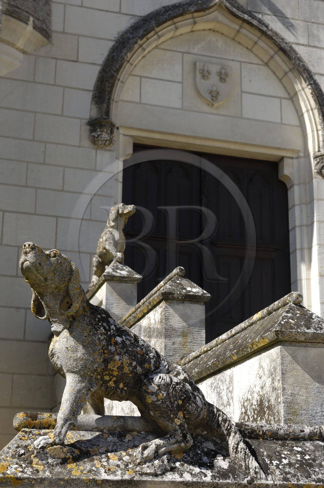 France, Indre-et-Loire (37), Loches, le Palais Royal, statue de chien sur l'escalier des Logis Royaux