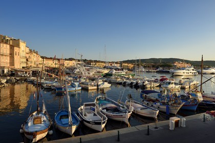 France, Var (83), Saint-Tropez, pointus (barques de pêche traditionnelles) dans le vieux port