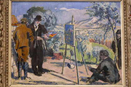 France, Bouches-du-Rhône (13), Aix en Provence, musée Granet, la Visite à Cezanne (1906) de Maurice Denis, Cezanne représenté sur ce qui est aujourd'hui le terrain des Peintres, ses tableaux les plus célèbres ont été peints depuis ce panorama sur la montagne Sainte-Victoire depuis la colline des Lauves