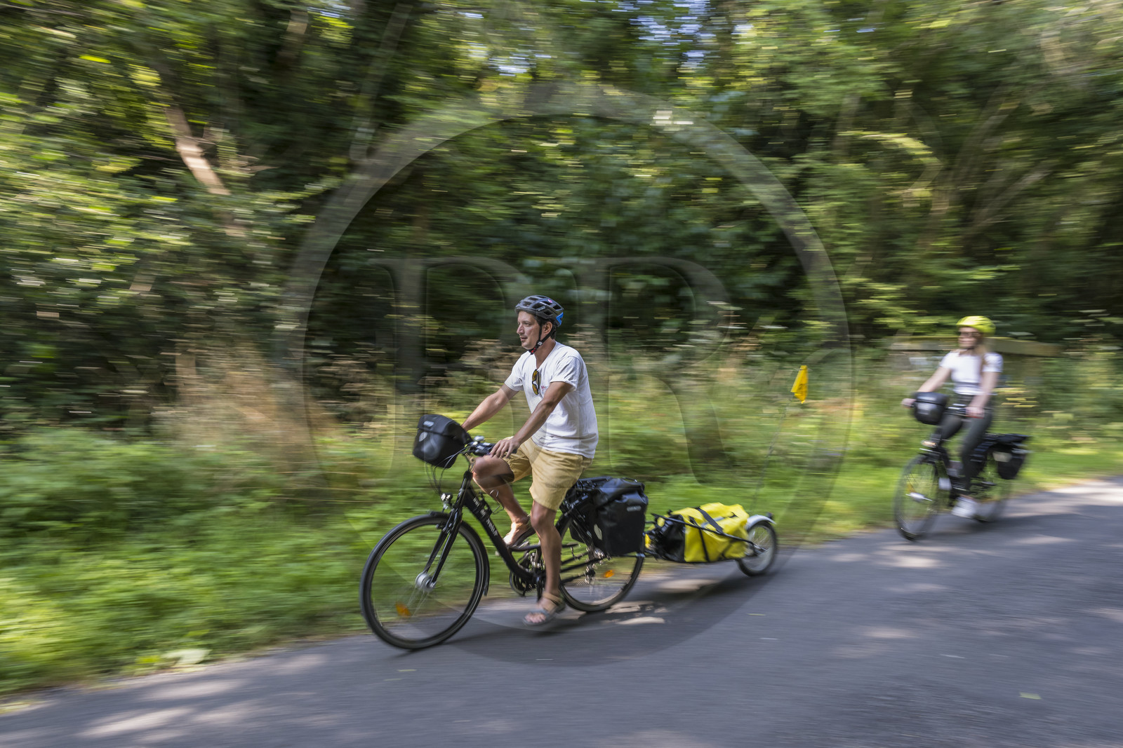 France, Maine-et-Loire (49), vallée de la Loire classée au Patrimoine Mondial par l'UNESCO, Saumur vers Saint-Hilaire, randonnée à bicyclette sur les berges de la Loire, vélo avec une remorque transportant le matériel de camping